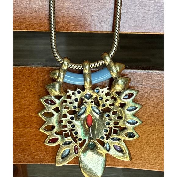 Stella & Dot Style Rainbow Multi Gemstone Statement Pendant Necklace Gold Tone - Picture 4 of 10